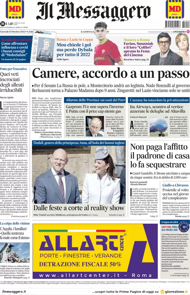 Prime pagine giornali 13 ottobre 2022. Pfizer svela: 0 test su trasmissibilità