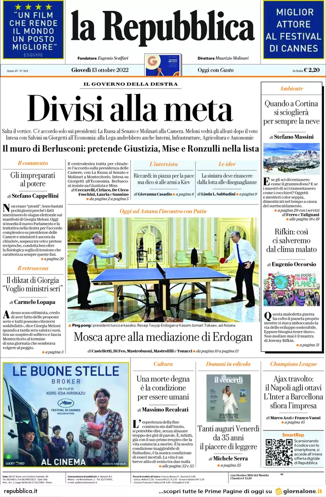 Prime pagine giornali 13 ottobre 2022. Pfizer svela: 0 test su trasmissibilità