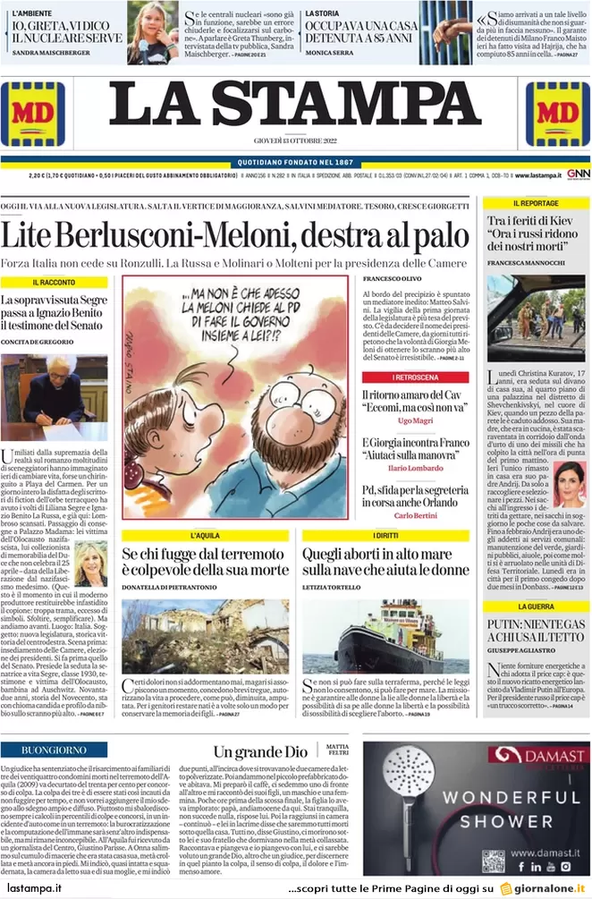 Prime pagine giornali 13 ottobre 2022. Pfizer svela: 0 test su trasmissibilità