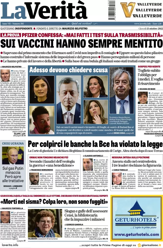 Prime pagine giornali 13 ottobre 2022. Pfizer svela: 0 test su trasmissibilità