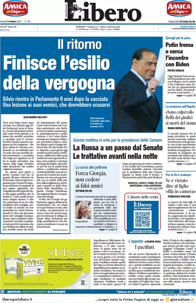 Prime pagine giornali 13 ottobre 2022. Pfizer svela: 0 test su trasmissibilità