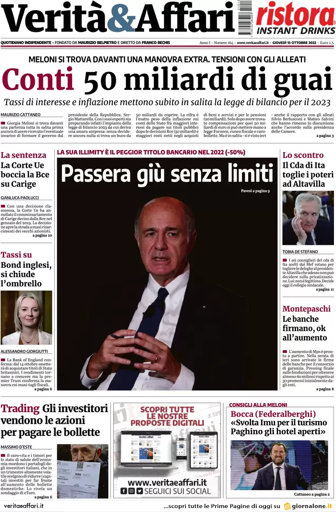 Prime pagine giornali economici 13 ottobre. No Vax, 1 mln di multe in arrivo Prime pagine giornali economici 13 ottobre. No Vax, 1 mln di multe in arrivo