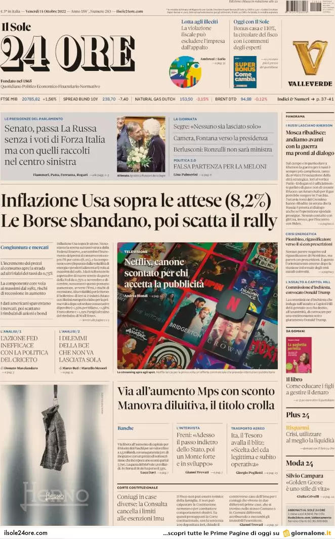 Prime pagine giornali 14 ottobre 2022. La Rai rischia di perdere Sanremo