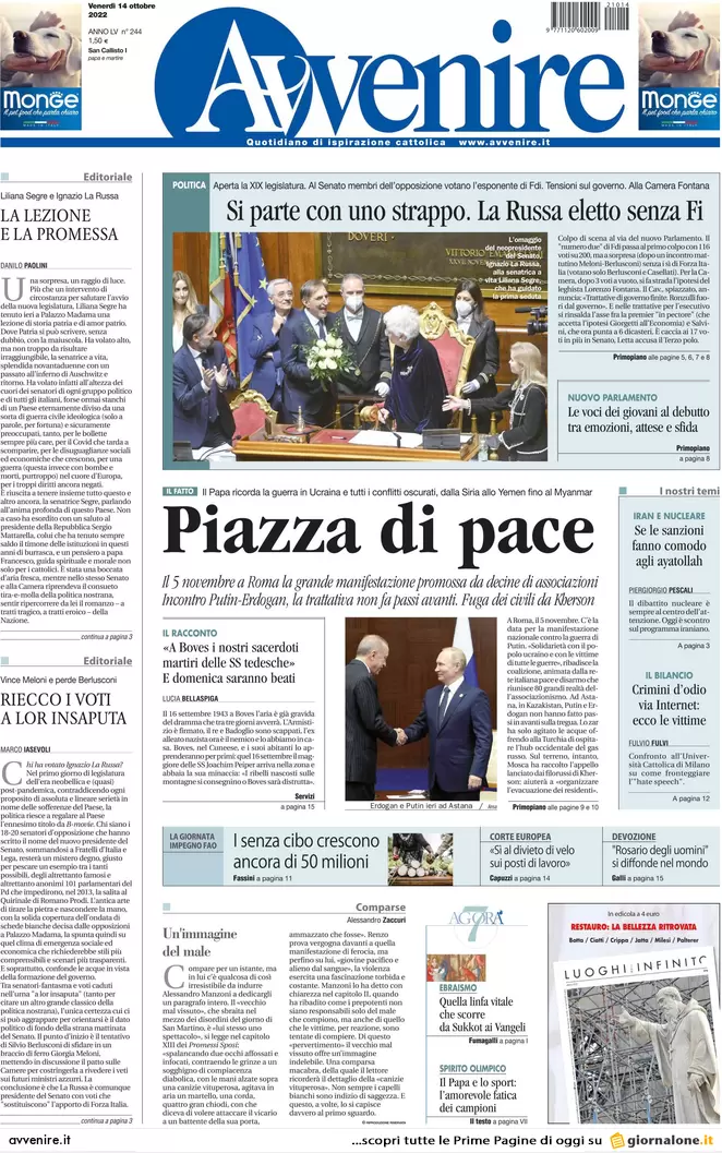 Prime pagine giornali 14 ottobre 2022. La Rai rischia di perdere Sanremo