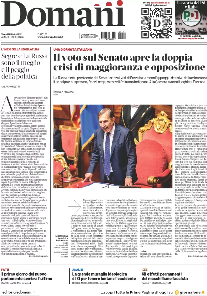 Prime pagine giornali 14 ottobre 2022. La Rai rischia di perdere Sanremo