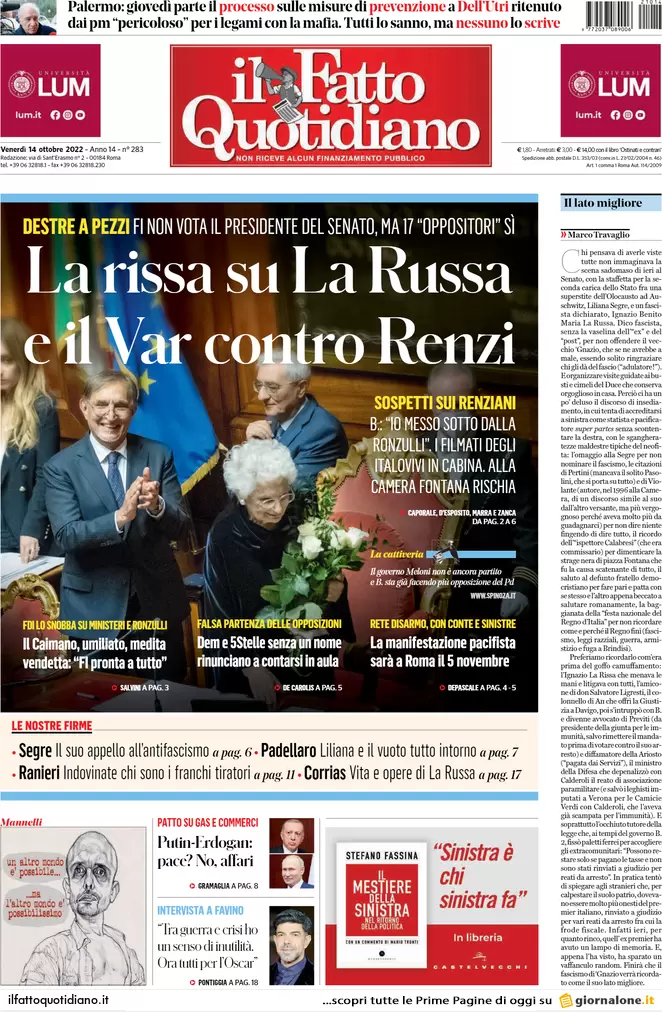 Prime pagine giornali 14 ottobre 2022. La Rai rischia di perdere Sanremo