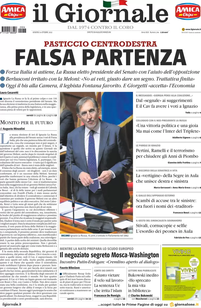 Prime pagine giornali 14 ottobre 2022. La Rai rischia di perdere Sanremo