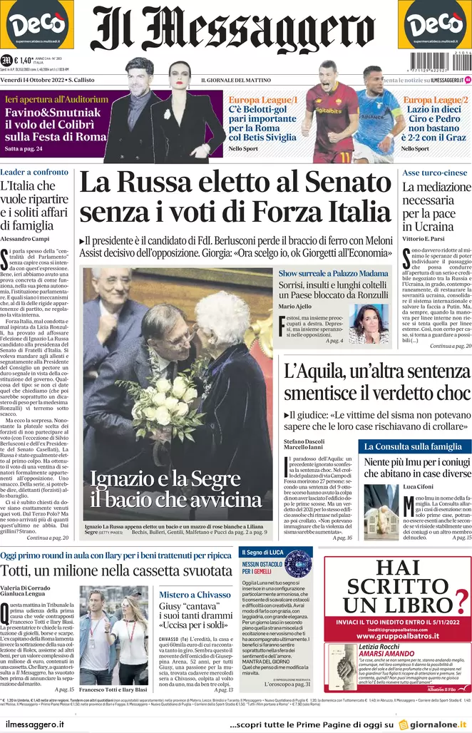 Prime pagine giornali 14 ottobre 2022. La Rai rischia di perdere Sanremo