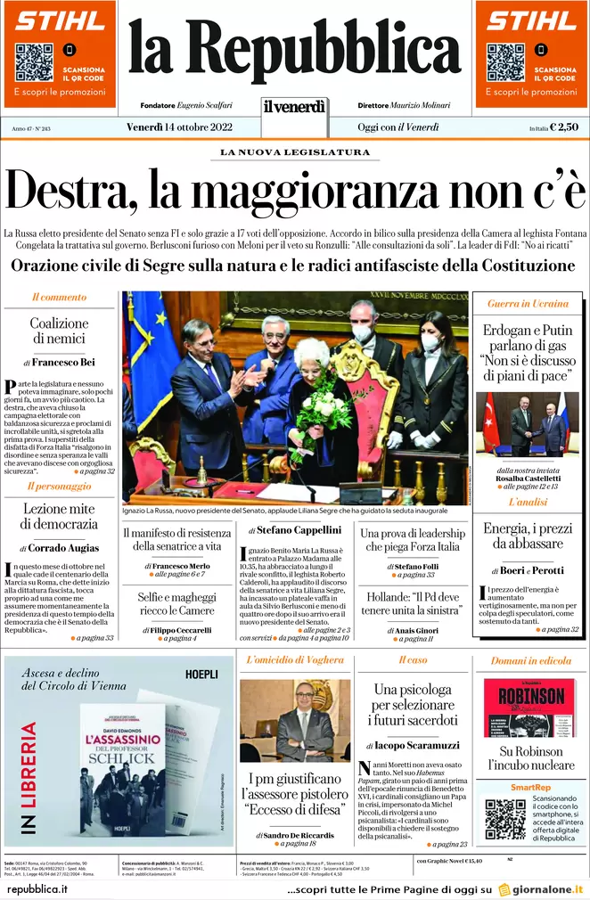 Prime pagine giornali 14 ottobre 2022. La Rai rischia di perdere Sanremo