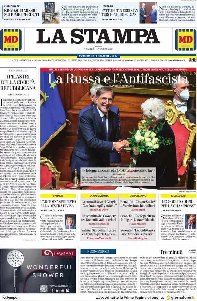 Prime pagine giornali 14 ottobre 2022. La Rai rischia di perdere Sanremo