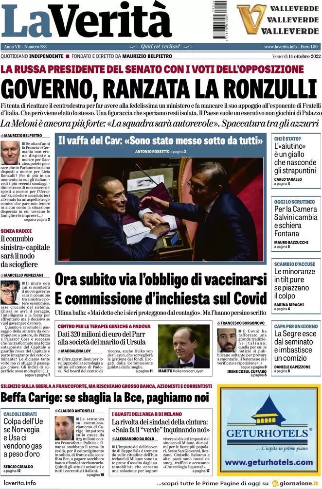 Prime pagine giornali 14 ottobre 2022. La Rai rischia di perdere Sanremo