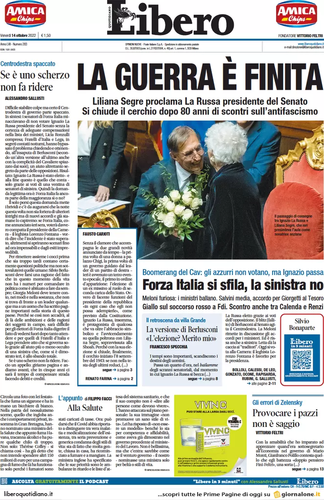 Prime pagine giornali 14 ottobre 2022. La Rai rischia di perdere Sanremo