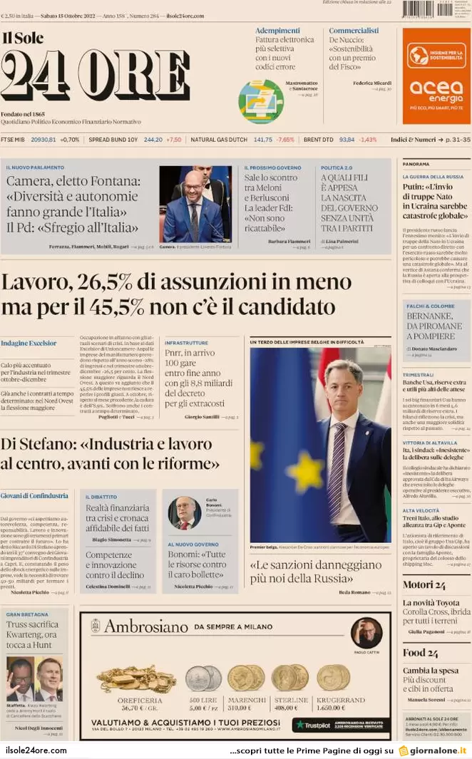 Prime pagine giornali 15 ottobre 2022. Governo non ancora nato e già dilaniato
