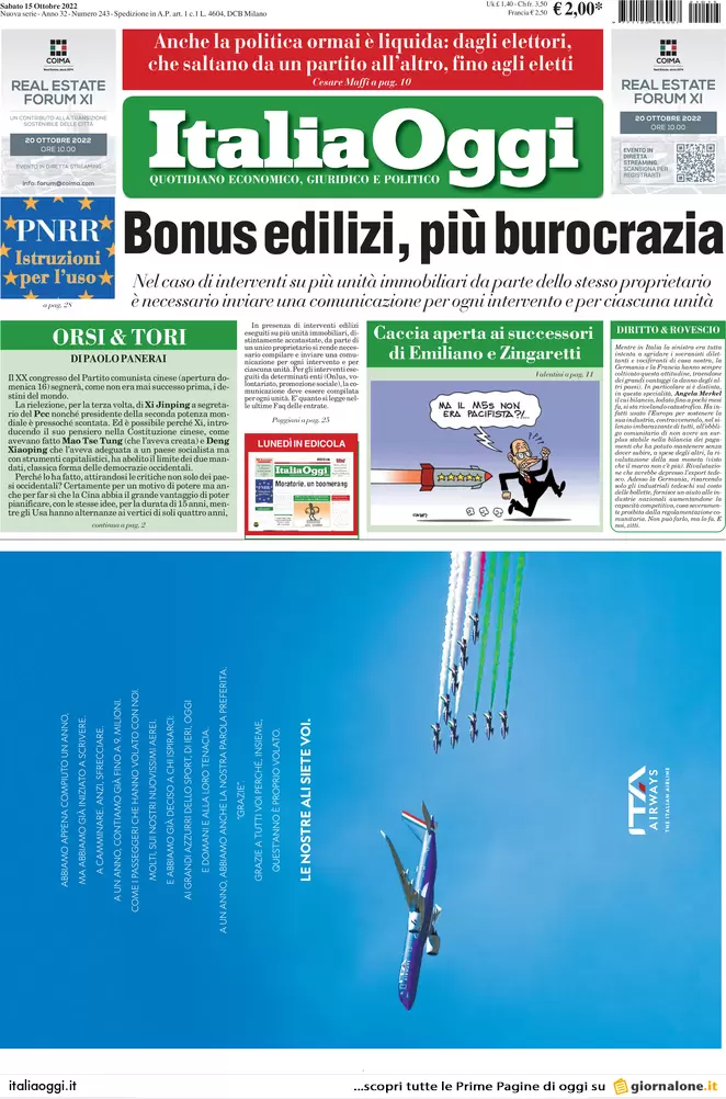 Prime pagine giornali economici 15 ottobre. Bonus edilizi, più burocrazia
