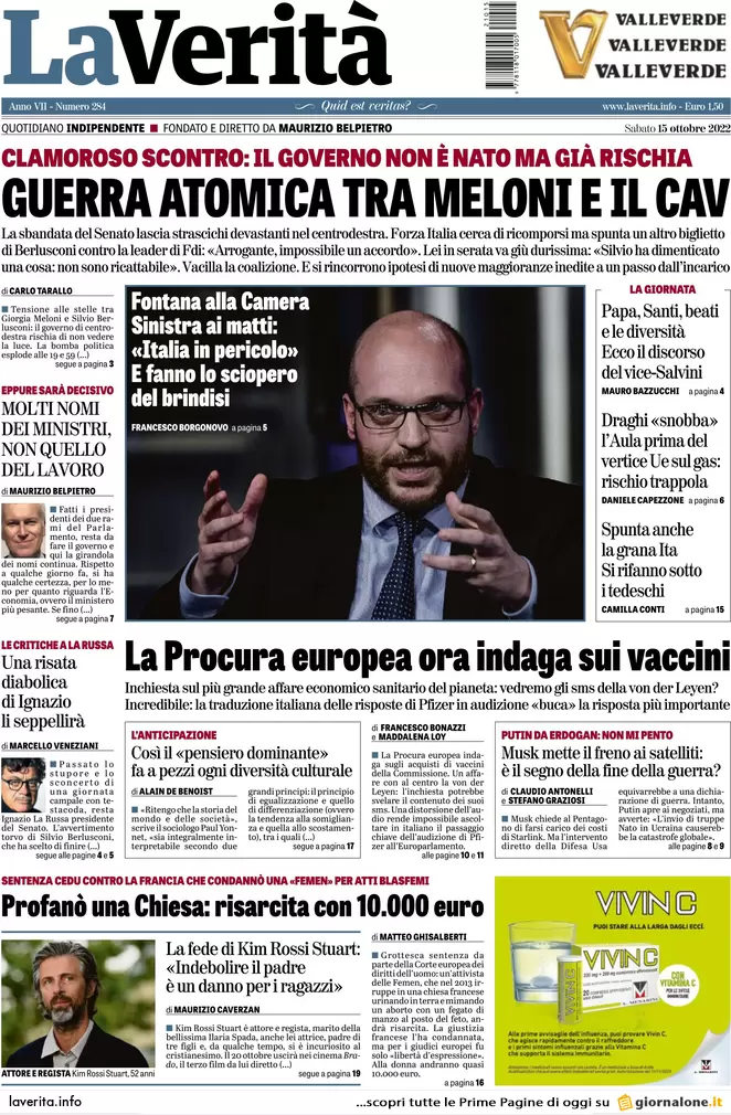 Prime pagine giornali 15 ottobre 2022. Governo non ancora nato e già dilaniato
