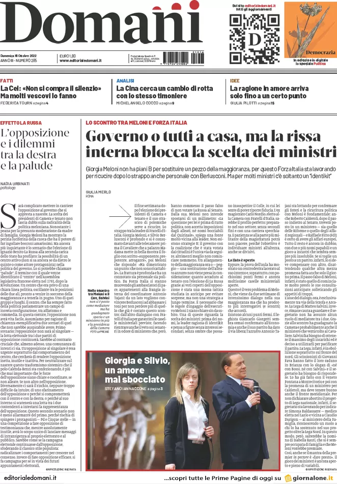 Prime pagine giornali 16 ottobre 2022. Il governo è appeso a una telefonata