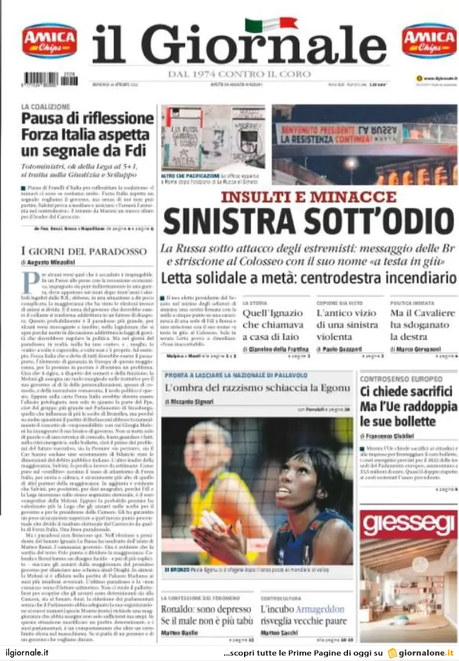 Prime pagine giornali 16 ottobre 2022. Il governo è appeso a una telefonata