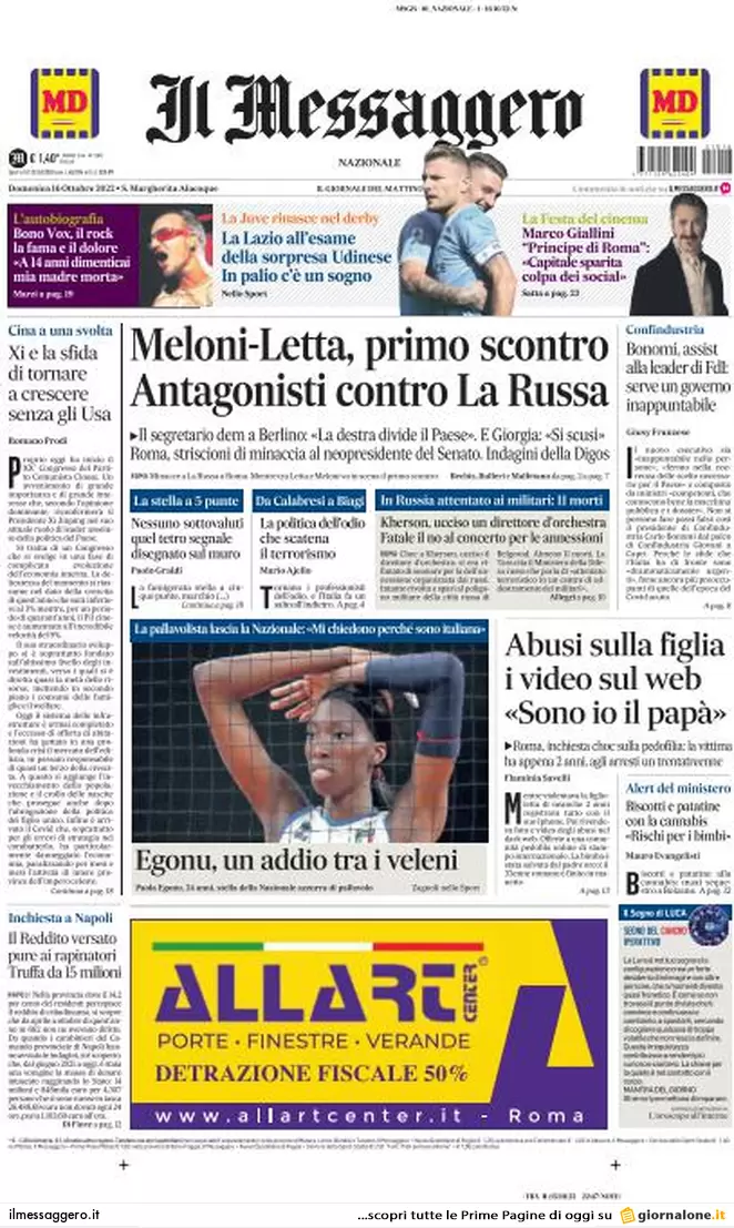 Prime pagine giornali 16 ottobre 2022. Il governo è appeso a una telefonata