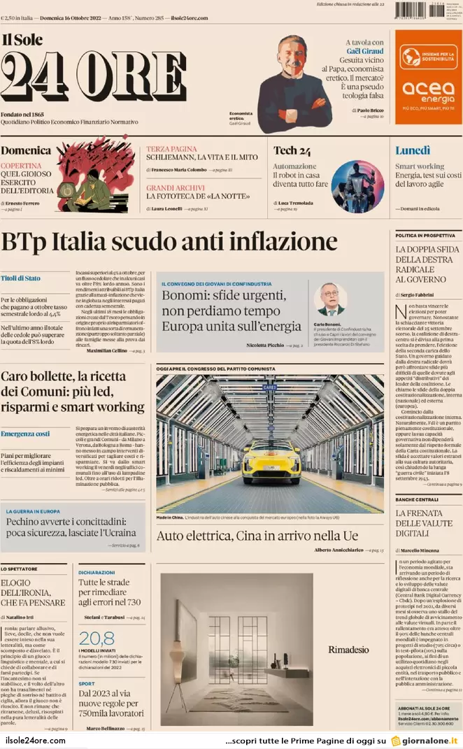 Prime pagine giornali economici 16 ottobre. Btp Italia, scudo anti inflazione