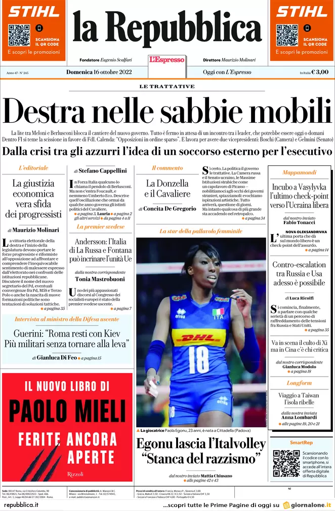 Prime pagine giornali 16 ottobre 2022. Il governo è appeso a una telefonata