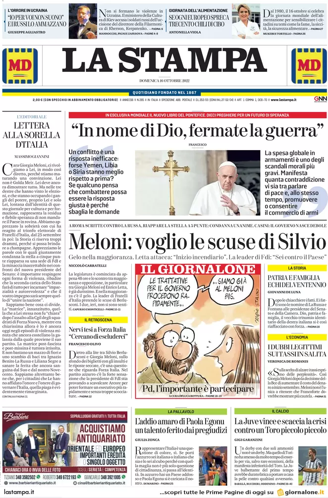 Prime pagine giornali 16 ottobre 2022. Il governo è appeso a una telefonata