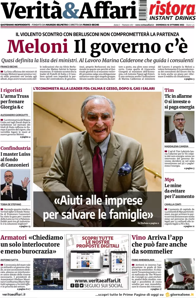 Prime pagine giornali economici 16 ottobre. Btp Italia, scudo anti inflazione