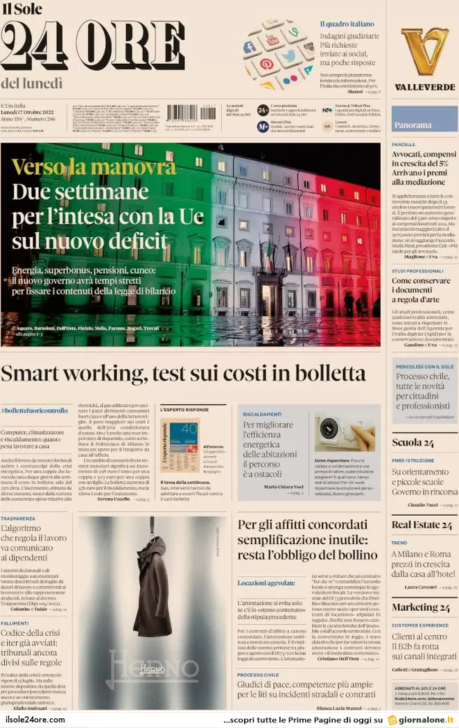 Prime pagine giornali 17 ottobre 2022. Gas, tetto Ue ma solo per 90 giorni