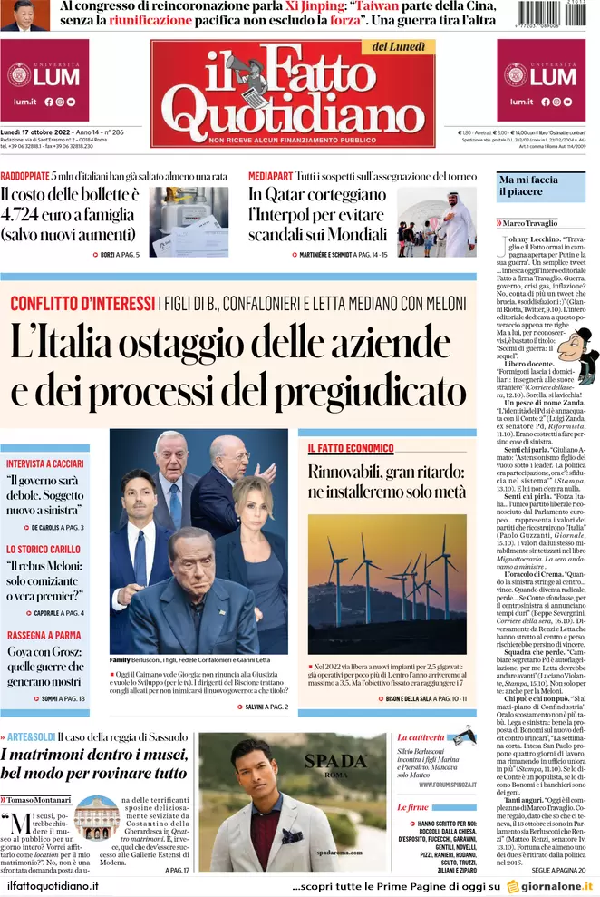 Prime pagine giornali 17 ottobre 2022. Gas, tetto Ue ma solo per 90 giorni