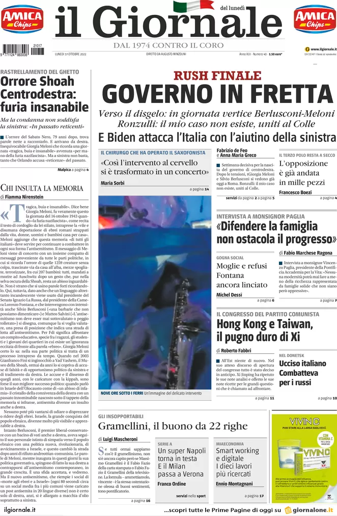 Prime pagine giornali 17 ottobre 2022. Gas, tetto Ue ma solo per 90 giorni