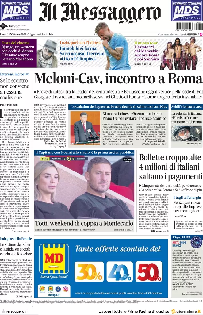 Prime pagine giornali 17 ottobre 2022. Gas, tetto Ue ma solo per 90 giorni
