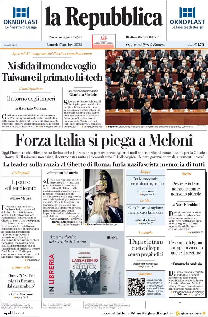 Prime pagine giornali 17 ottobre 2022. Gas, tetto Ue ma solo per 90 giorni