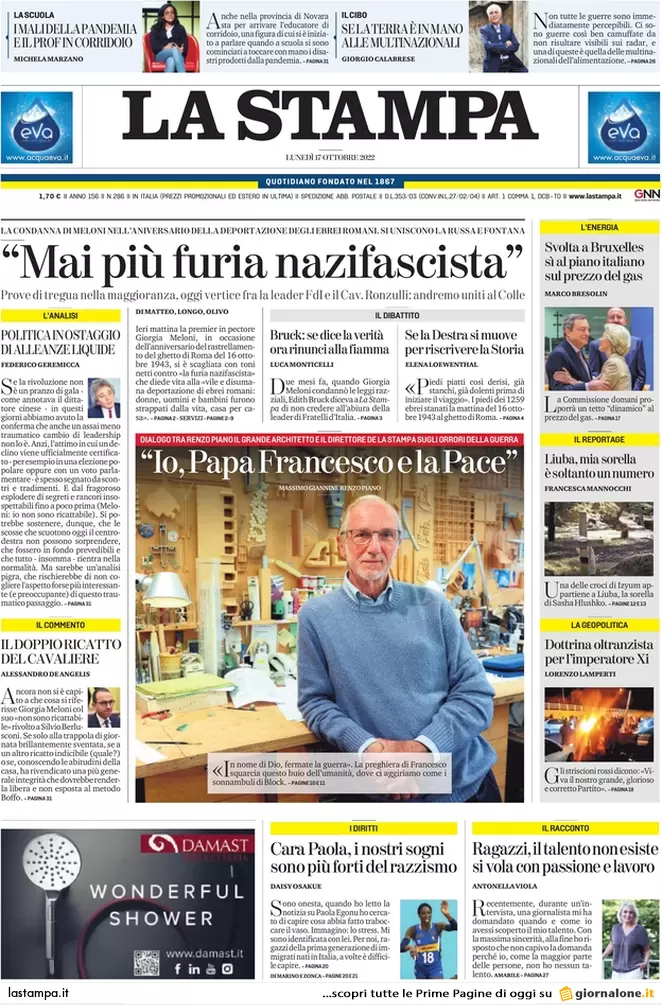 Prime pagine giornali 17 ottobre 2022. Gas, tetto Ue ma solo per 90 giorni