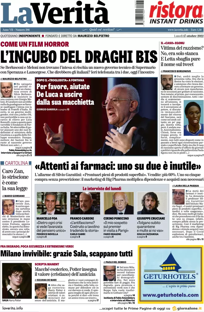 Prime pagine giornali 17 ottobre 2022. Gas, tetto Ue ma solo per 90 giorni