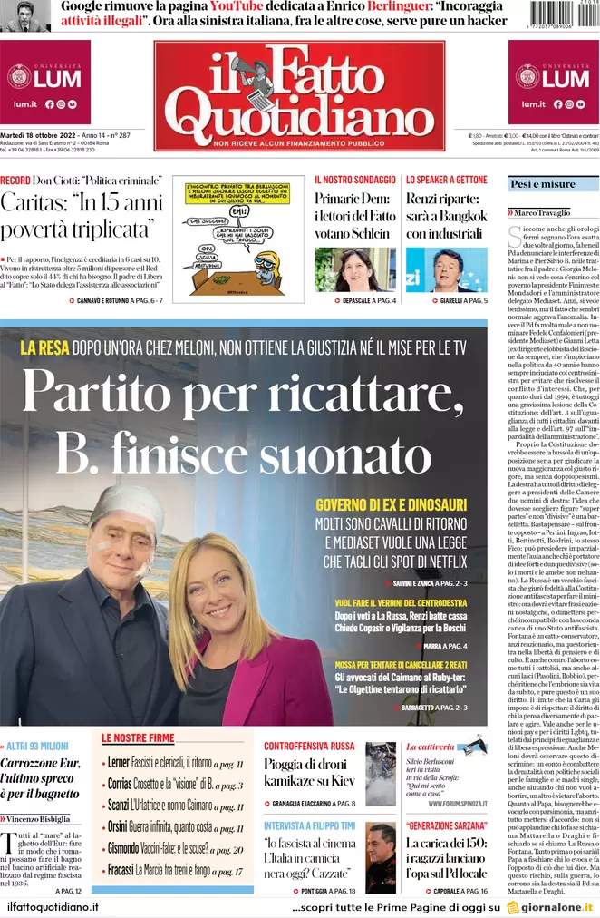Prime pagine giornali 18 ottobre 2022. Rdc, metà dei soldi a finti poveri Prime pagine giornali 18 ottobre 2022. Rdc, metà dei soldi a finti poveri