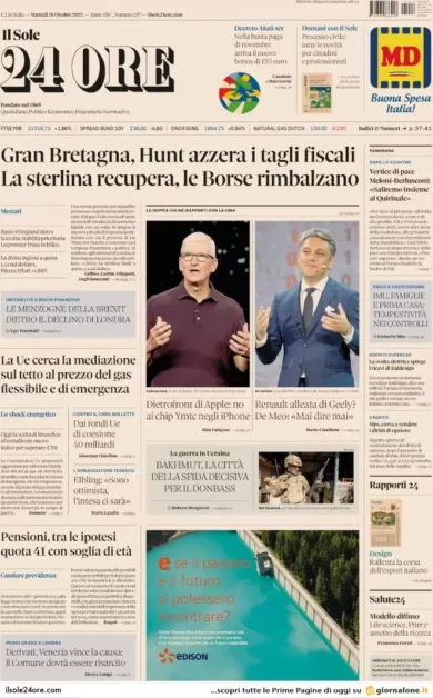 Prime pagine giornali economici 18 ottobre. Btp, ipotesi super sconto fiscale