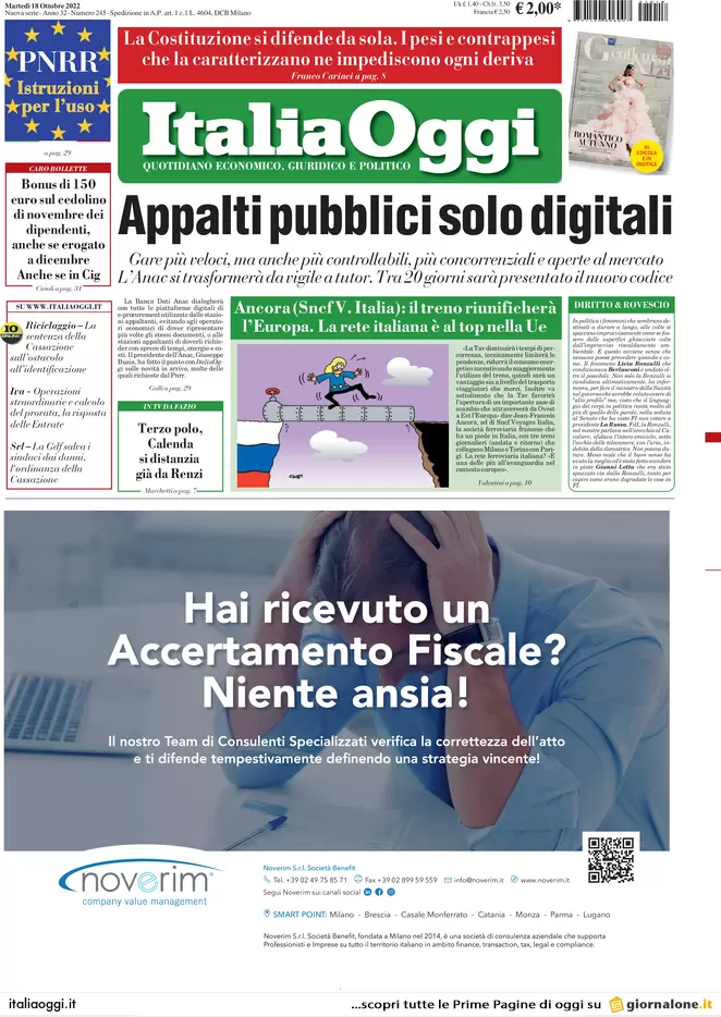 Prime pagine giornali economici 18 ottobre. Btp, ipotesi super sconto fiscale