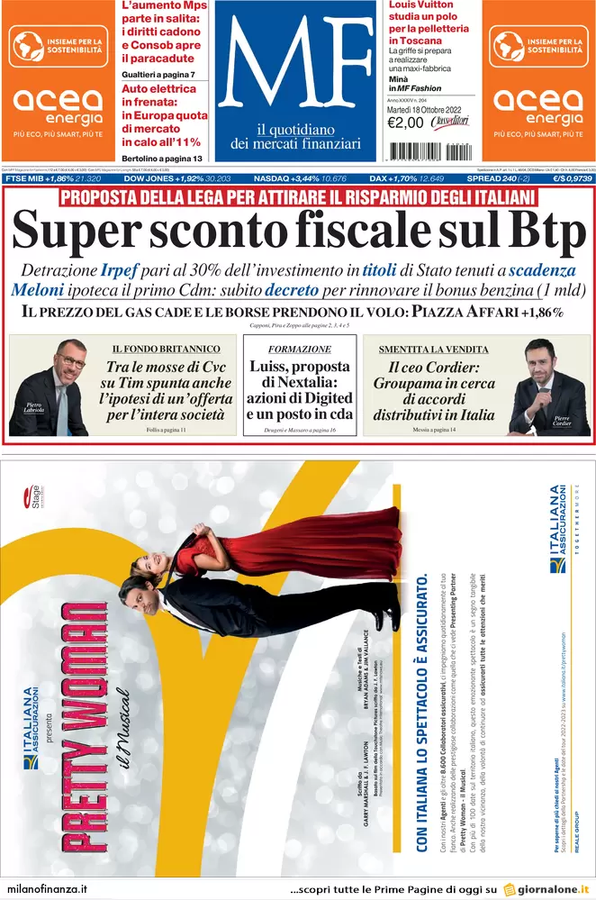 Prime pagine giornali economici 18 ottobre. Btp, ipotesi super sconto fiscale