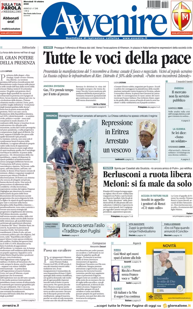 Prime pagine giornali 19 ottobre 2022. Ue, non passa il tetto al gas di Draghi