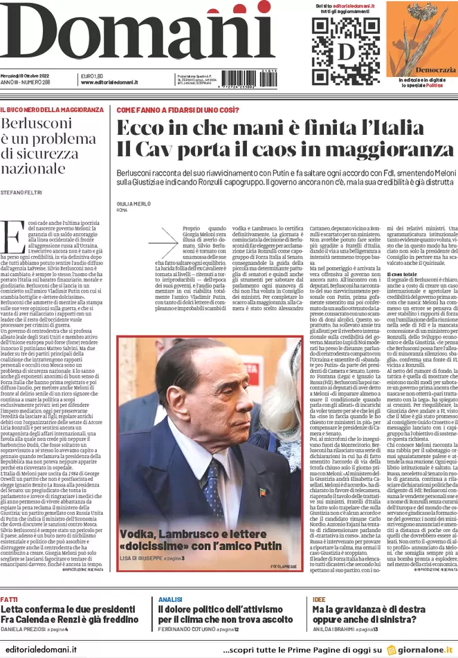 Prime pagine giornali 19 ottobre 2022. Ue, non passa il tetto al gas di Draghi