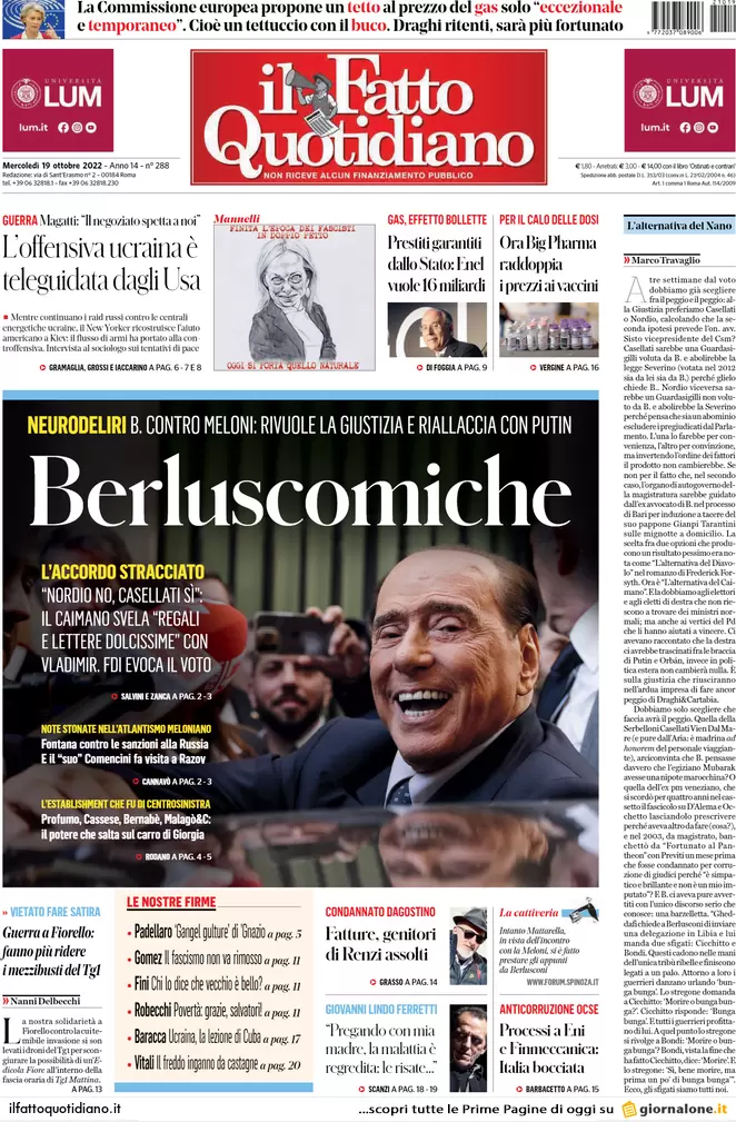 Prime pagine giornali 19 ottobre 2022. Ue, non passa il tetto al gas di Draghi