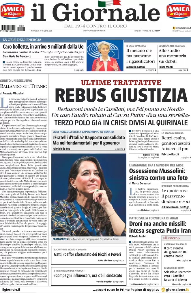 Prime pagine giornali 19 ottobre 2022. Ue, non passa il tetto al gas di Draghi