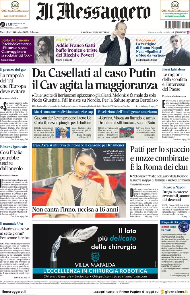 Prime pagine giornali 19 ottobre 2022. Ue, non passa il tetto al gas di Draghi