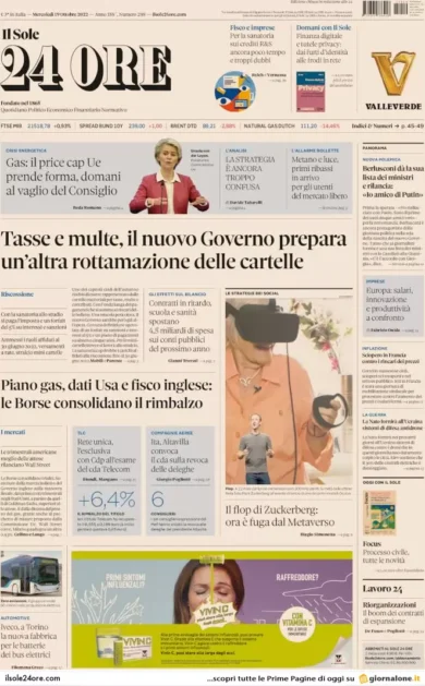 Prime pagine giornali economici 19 ottobre. Governo, ecco lo stralcio cartelle