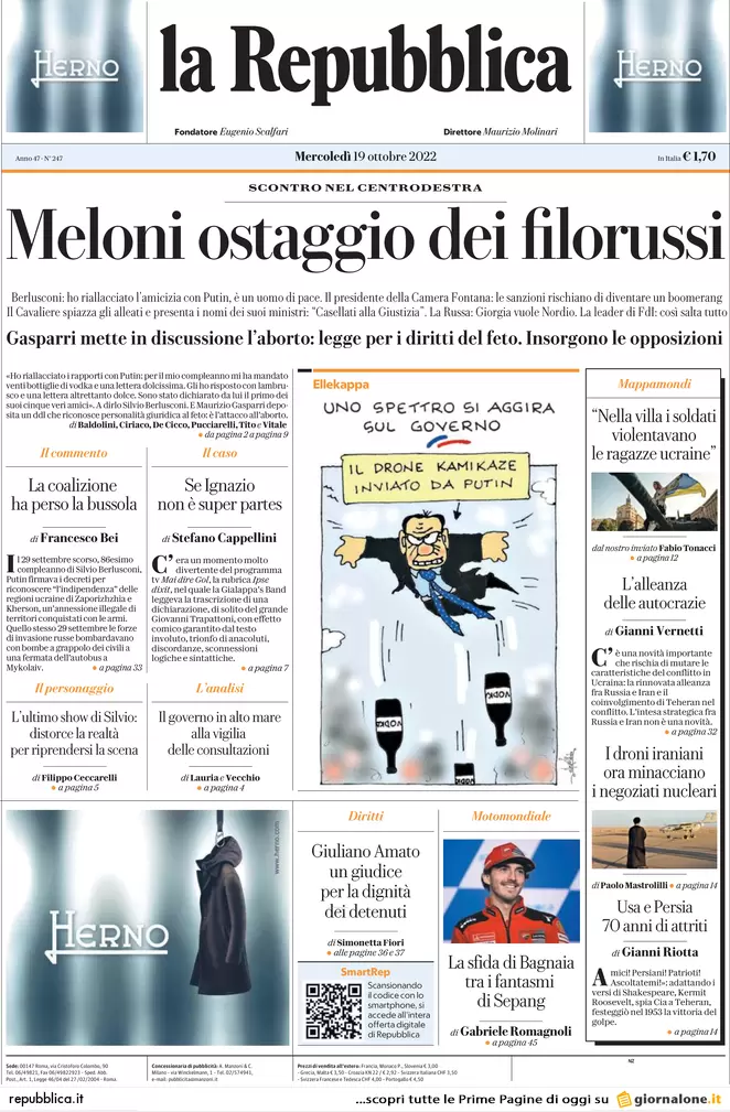 Prime pagine giornali 19 ottobre 2022. Ue, non passa il tetto al gas di Draghi