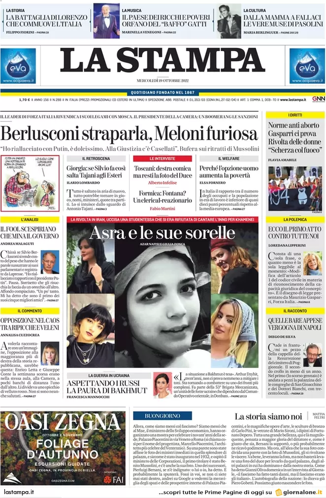 Prime pagine giornali 19 ottobre 2022. Ue, non passa il tetto al gas di Draghi