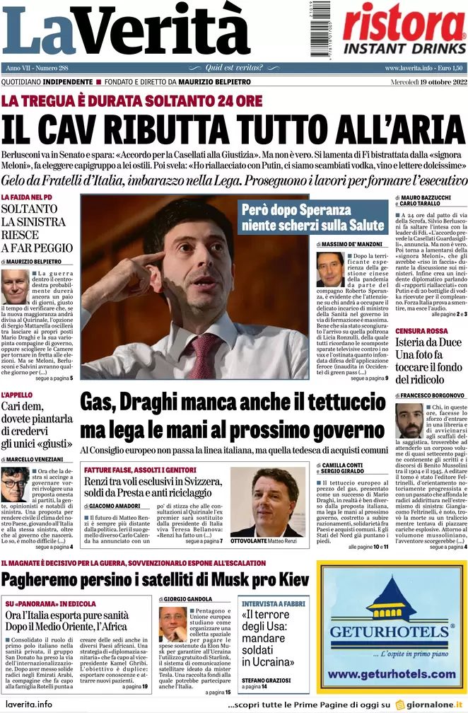 Prime pagine giornali 19 ottobre 2022. Ue, non passa il tetto al gas di Draghi
