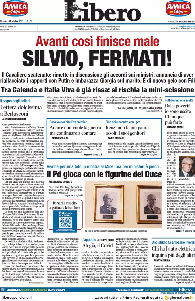 Prime pagine giornali 19 ottobre 2022. Ue, non passa il tetto al gas di Draghi