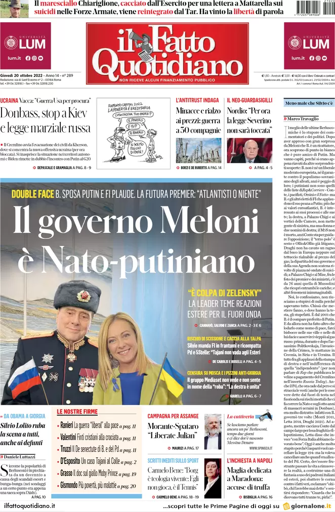 Prime pagine giornali 20 ottobre 2022. Nordio: “Legge Severino non si tocca”