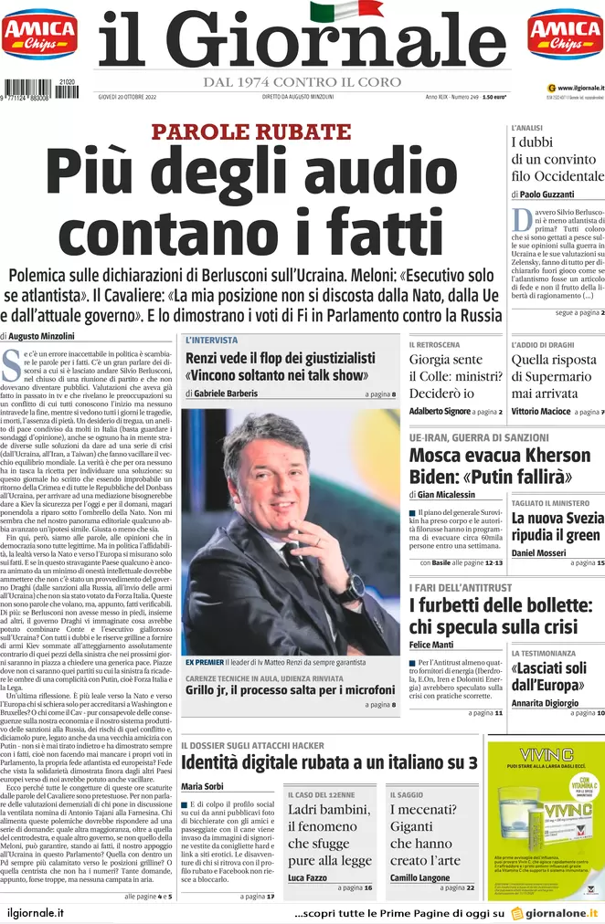 Prime pagine giornali 20 ottobre 2022. Nordio: “Legge Severino non si tocca”
