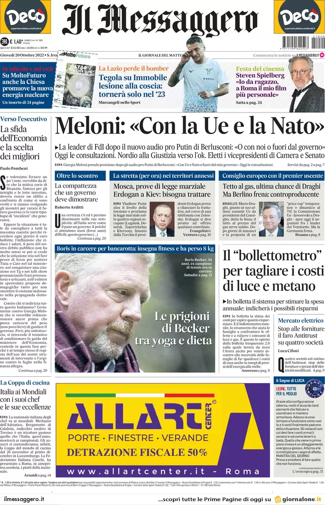 Prime pagine giornali 20 ottobre 2022. Nordio: “Legge Severino non si tocca”
